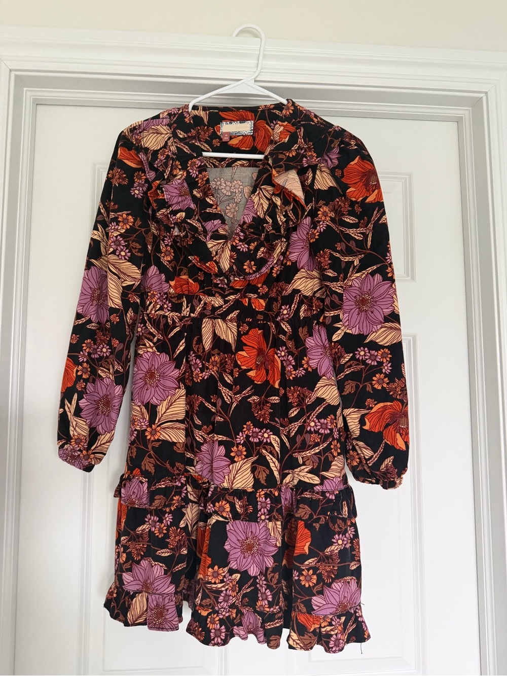 Pilcro Corduroy Black Dress with Orange & Cream Floral Print